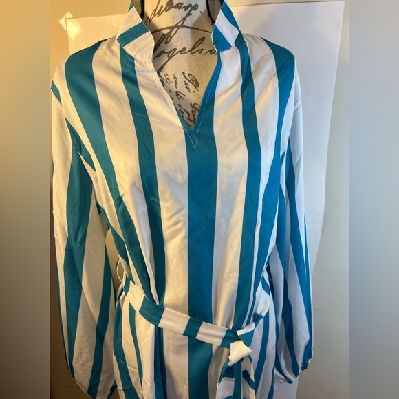 Women’s plus size teal blue & white striped belted long sleeve shirt dress XXL - Picture 3 of 12